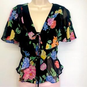 NWT Topshop Sheer Black Floral Flutter Sleeve Top